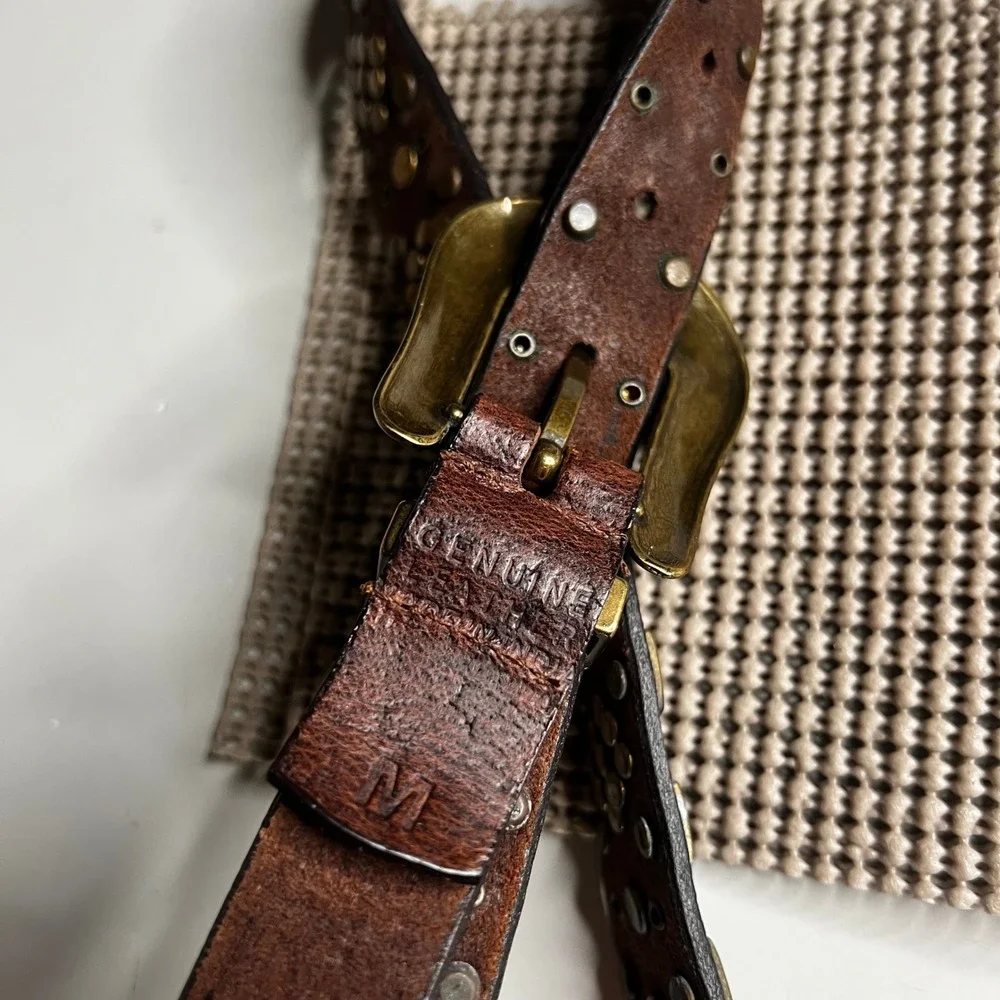 Genuine Leather Brown Western Studded Rhinestone Belt Brass Buckle Boho Medium